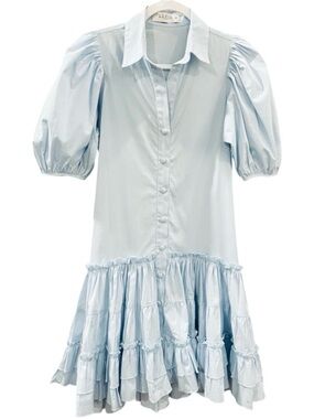 Kleid Light Blue Puff-Sleeve Tiered Ruffle Dress